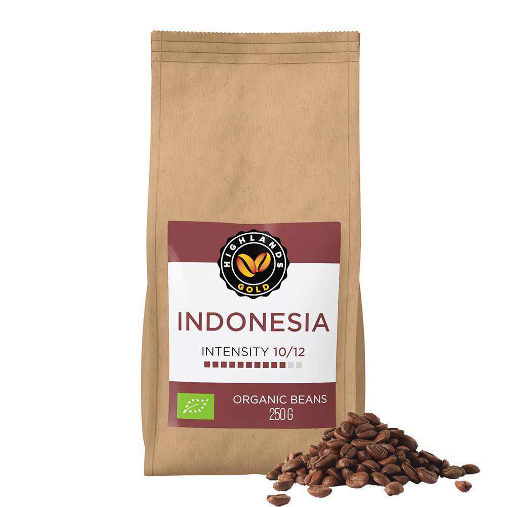 Aanbieding Highlands Gold Indonesia - Bio koffiebonen 250 GR (ean 8719418013336)