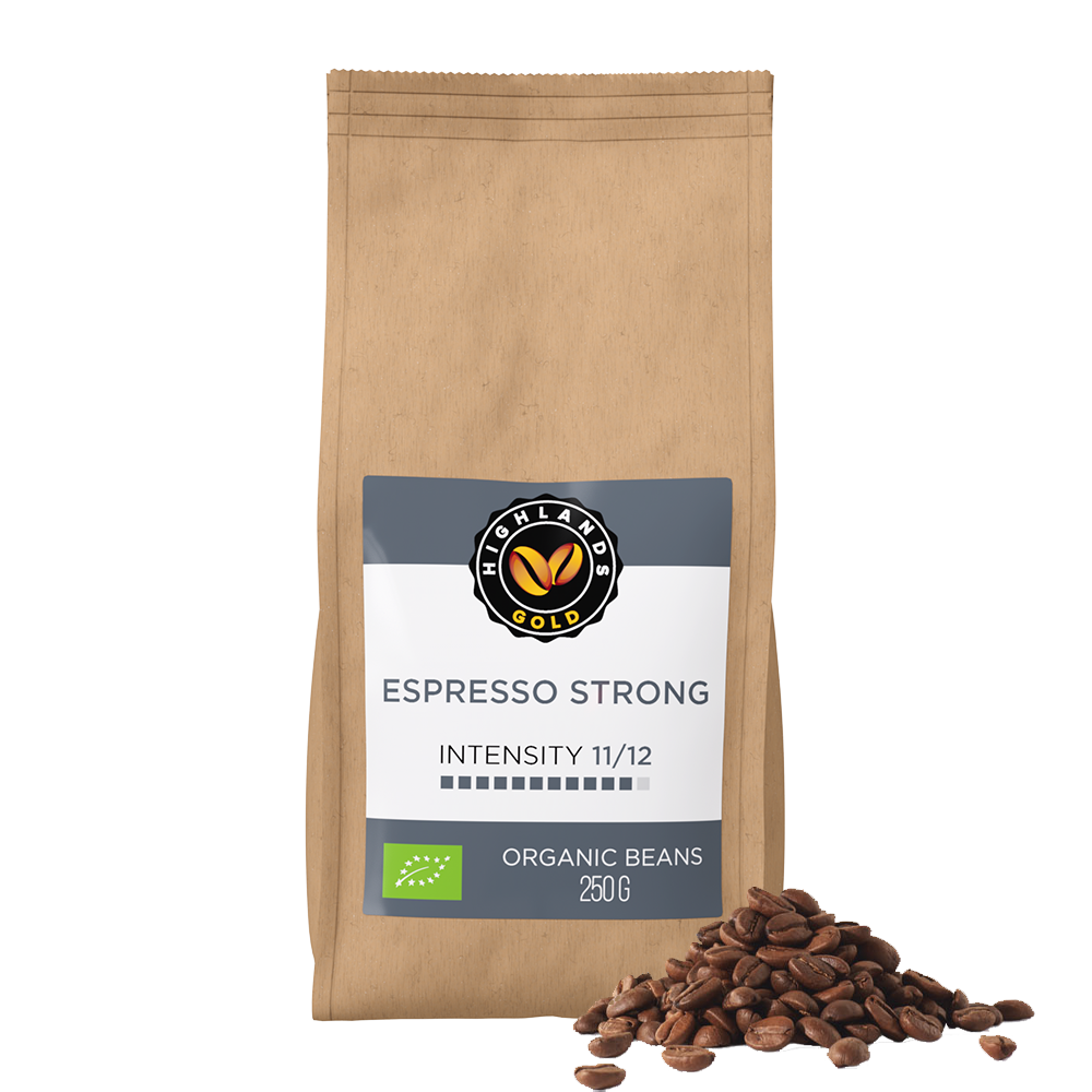 Aanbieding Highlands Gold Espresso Strong- Bio koffiebonen 250 GR (ean 8719418032597)